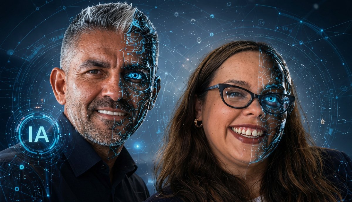 Christian Oliz y una coach del equipo, con elementos visuales de inteligencia artificial