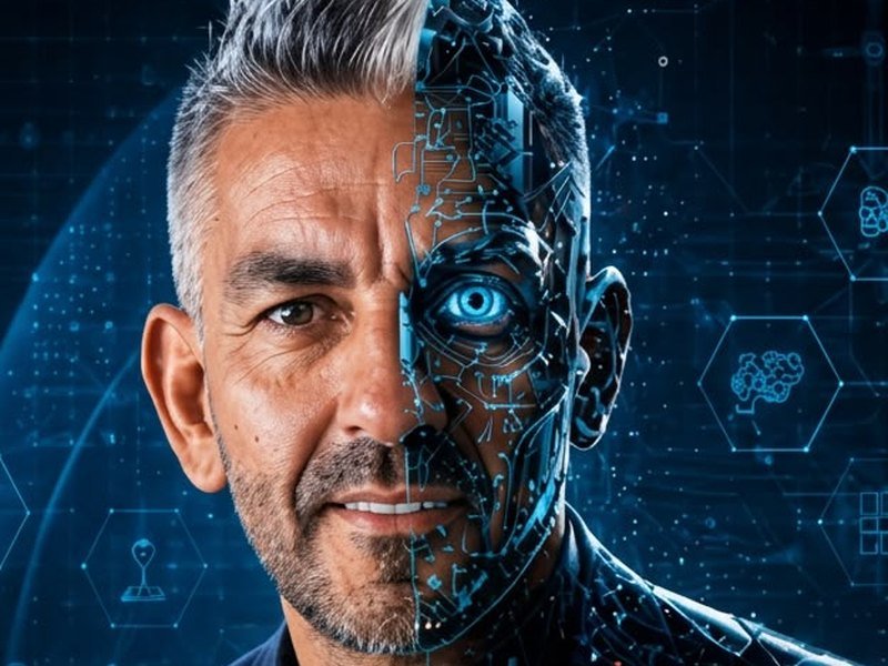 Liderazgo aumentado con IA: Christian Oliz junto a elementos visuales de inteligencia artificial